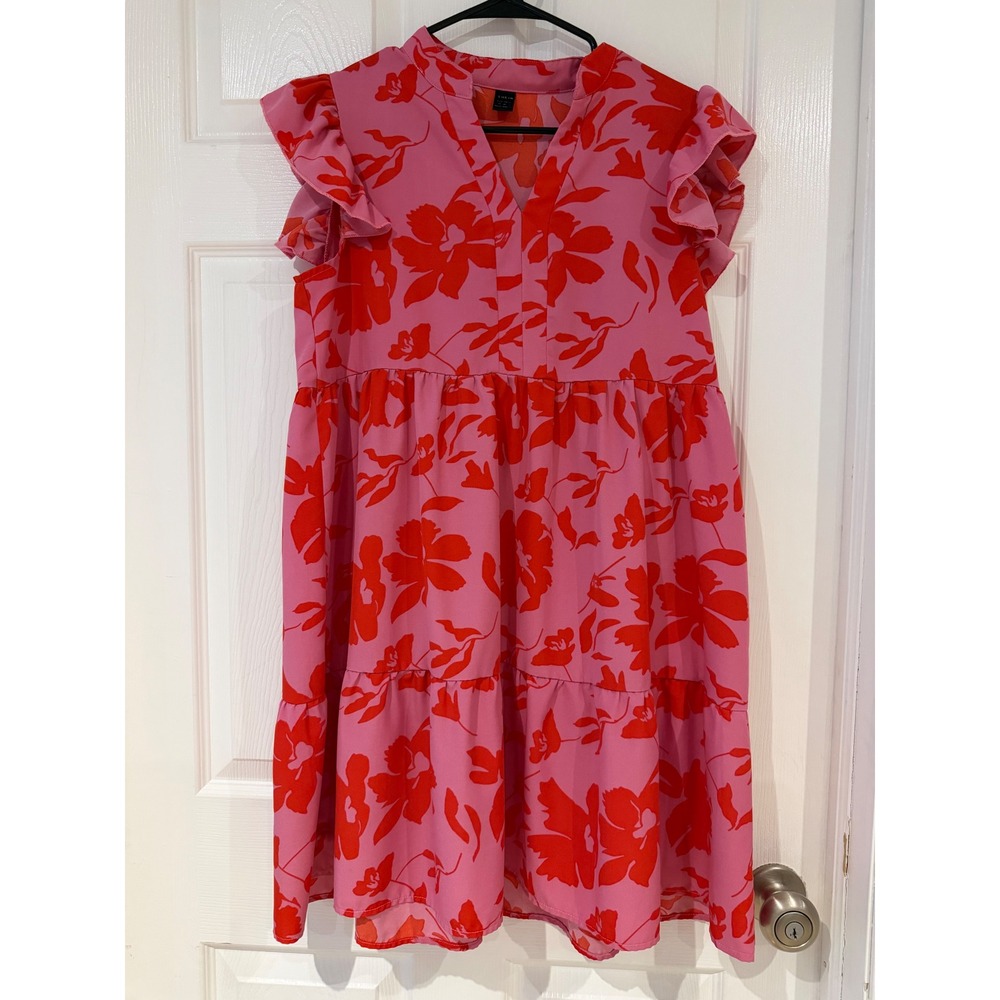 SHEIN Womens Pink Red Floral Flutter Sleeve Tiered Mini Dress Medium‎ Vacation